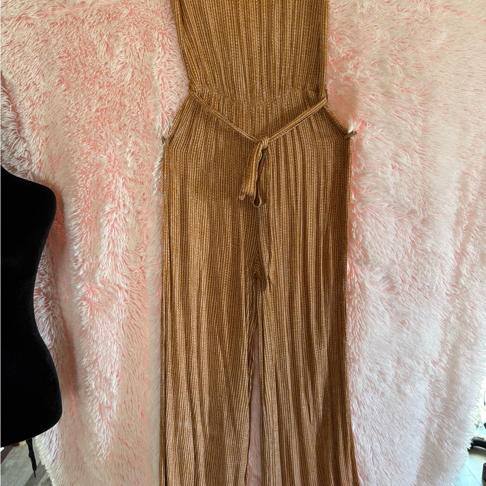 Simple Tan Pleated Jumpsuit with Wide-Leg Design
